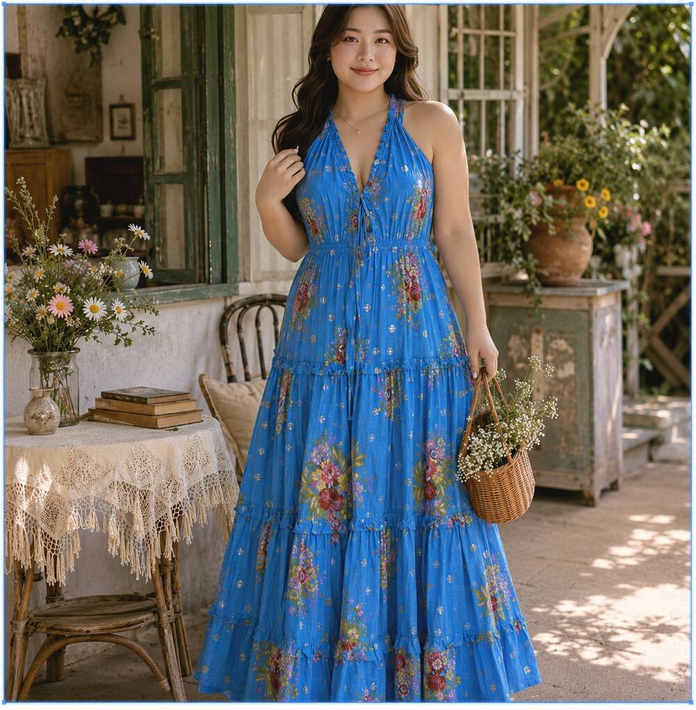 House of Harlow 1960 Blue Floral Cotton Tiered Maxi Dress S
